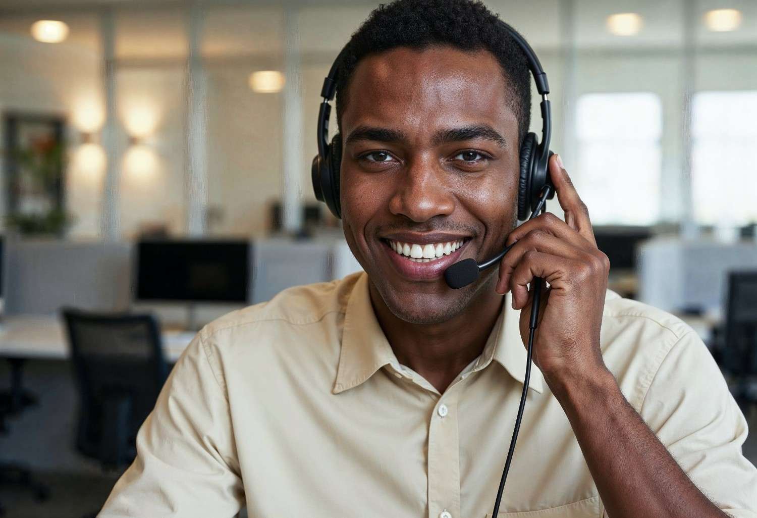 A friendly support professional at a desk
